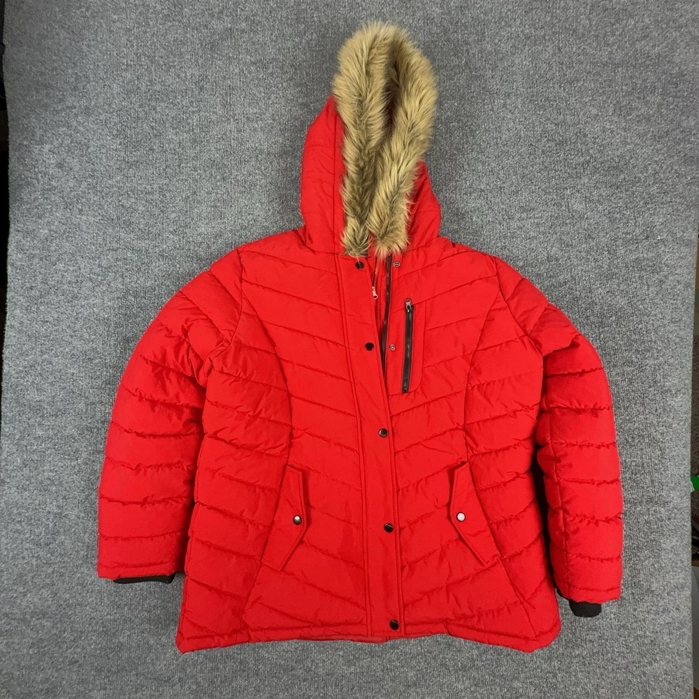 SwissTech Jacket Kids XL 16-18 Red Hooded Puffer Faux Fur Zip Winter Coat